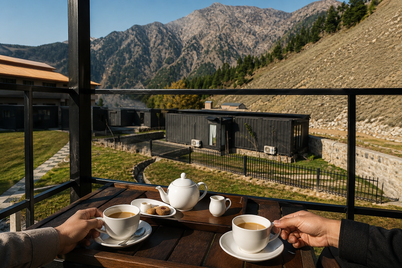 Private balcony tea service with mountain view