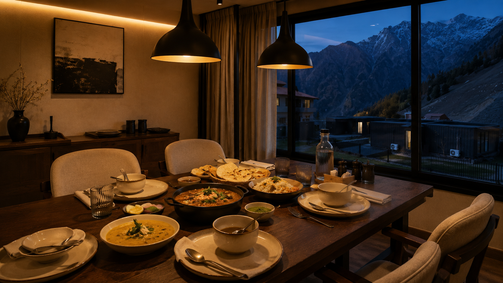 Warm indoor dinner setting after mountain day